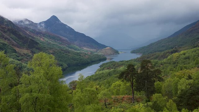 Dramatic mountain scenery with approaching stormfront in the Scottish highlands near Glencoe