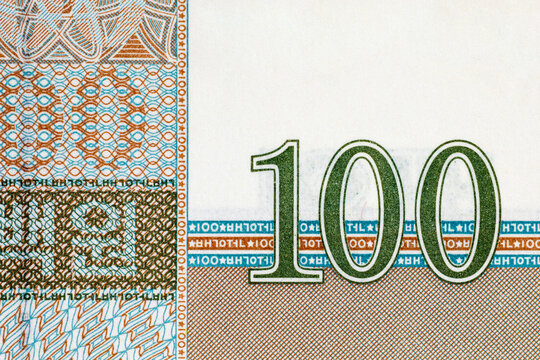 North Korean 100 won banknote featuring ornate traditional geometric patterns and denomination numerals. North Korean money.