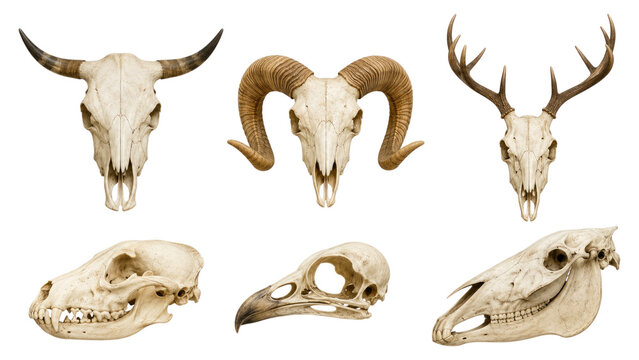 Six detailed animal skulls on a transparent background: bovine/cow, ram, deer/stag, canine/dog, bird of prey, and horse skulls, isolated with visible horns, antlers, beak, teeth and bone texture