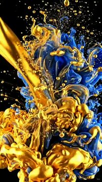 Luxurious splash&mdash;shimmering metallic gold meets rich deep‑blue liquid swirling together dynamically; glossy textures, floating droplets, dramatic contrast against sleek pure black background.