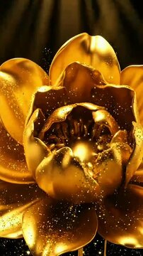 Exquisite blooming golden flower crafted from molten metal&mdash;glossy petals, flowing streams drip upward, sparkling dust particles, rich lustre against sleek deep black background.