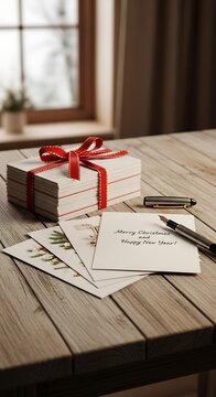 Festive Christmas Cards Tied with Red Ribbon on Rustic Wooden Table