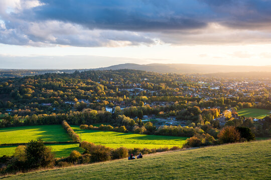 Beautiful Landscape image fo view from Box Hill in Surrey AONB during Autumn sunset