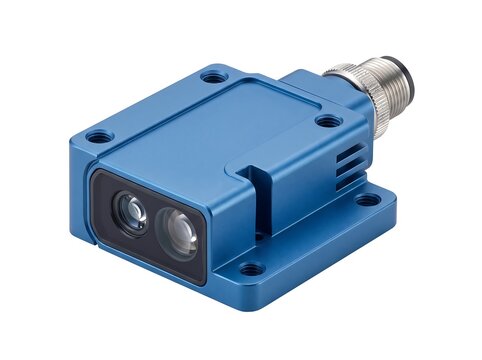 Industrial Optical Laser Distance Sensor Module with M12 Connector Isolated on White Background