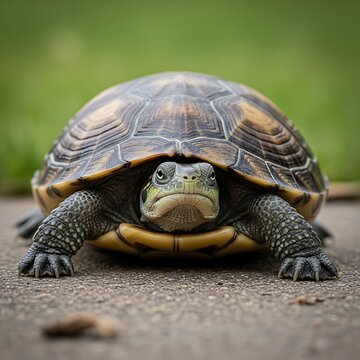 Close Up Turtle Resting on Path with Green Natural Background