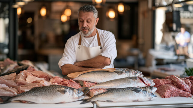 A fishmonger stands at a warm amber-lit indoor stall with a freshly whittled wooden spoon resting across a gutted fish on the counter, the before-and-after display beside the raw