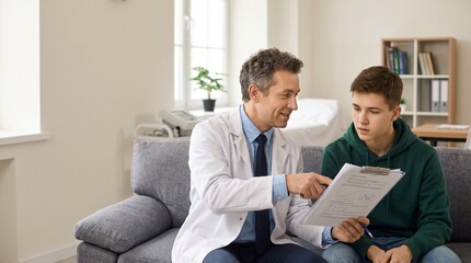 Fototapeta premium Doctor discusses medical results with concerned teenage patient in clinic office