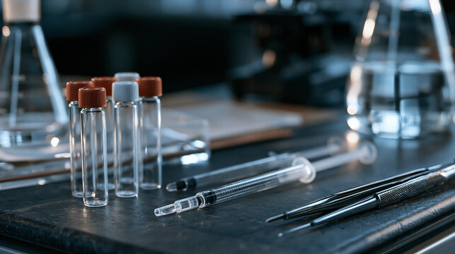 Twilight blue hour still life of toxicology laboratory tools arranged with clinical precision on a dark surface, specimen vials and analytical instruments forming a symbolic