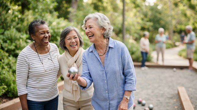 Three joyful senior women of diverse backgrounds laugh together while playing bocce ball on a gravel court in a lush outdoor park setting with blurred background scenery.