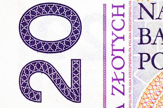 Extreme macro close-up of the denomination number 20 and decorative guilloche patterns on a Polish 20 zloty banknote.