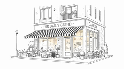 Fototapeta premium Hand-drawn architectural sketch of a cozy corner cafe and bakery shop