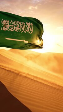 Saudi National Day Rub al Khali Sand Dune Crest Wind Blowing Sand Grains with KSA Flag Stock Footage