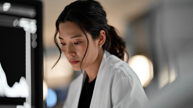 A sonographer leans close to a monitor in a twilight lit clinical observation area, the blue hour glow from the hallway catching the texture of her focused expression in an