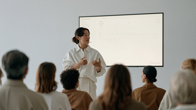 A minimalist white studio holds a single screen displaying a menstrual cycle tracking interface while a small crowd of women of varied ages observe a presentation being made by a