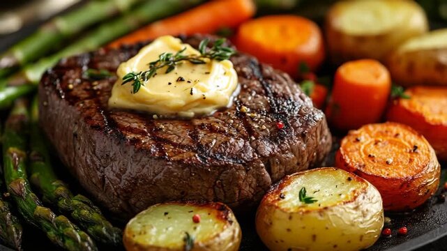selective focus close-up grilled beef steak with garlic butter and roasted vegetables asparagus carrots potatoes