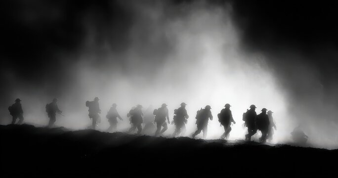 Silhouetted soldiers marching through foggy terrain, wearing military uniforms and helmets, creating a dramatic scene with a stark contrast of light and shadow
