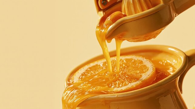 Glossy claymation illustration of a hinged citrus squeezer pressing juice into a jug with generous negative space