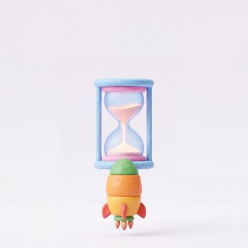 a rocket booster attached to an hourglass with sand flowing upward close up