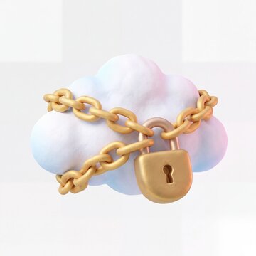 a metallic padlock locking a fluffy cloud with golden chains isolated object
