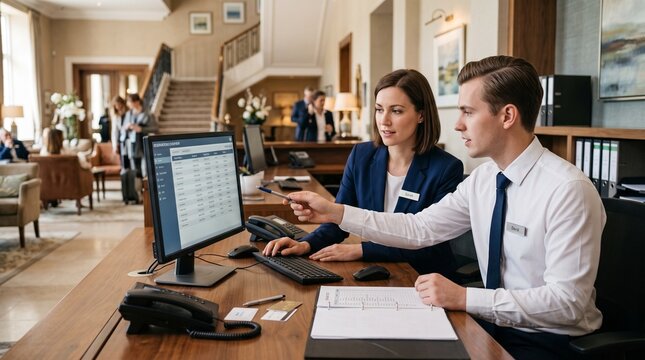 Hotel receptionists working together at the front desk using a computer