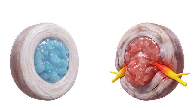 3D medical illustration of healthy and herniated lumbar discs showing nerve root compression and spinal anatomy