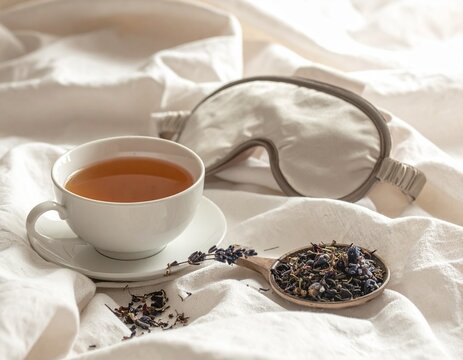 Restorative wellness still life**, eye mask, herbal tea, linen fabric, soft lighting