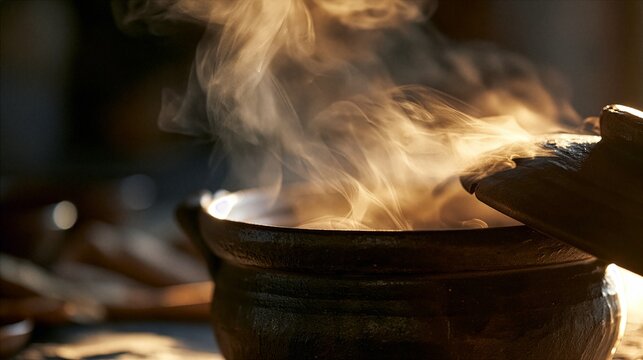 Steam rising from a Japanese donabe clay pot with warm kitchen light, rustic ceramic texture
