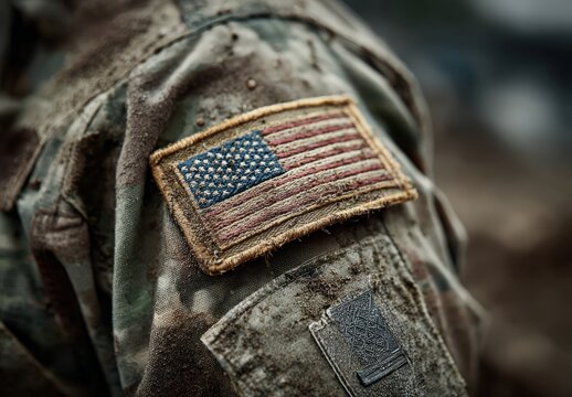 Military uniform detail featuring a worn American flag patch on a camouflage jacket, showcasing texture and dirt in an outdoor setting