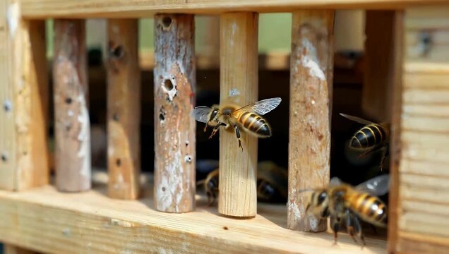 Scientific 4K slow-motion macro shot documenting a swarm of Frieseomelitta doederleini stingless bees moving busily through the entrance of an artificial hive box for biological research