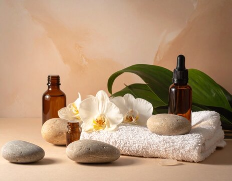 Spa wellness still life**, natural stones, folded towels, essential oils, warm lighting, luxury wellness concept