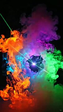 Vivid swirling plumes&mdash;orange, blue, purple, green&mdash;radiate bright laser beams from glowing center; soft smoke‑like texture, dark background, striking rainbow‑hued abstract energy burst.