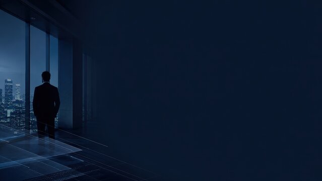 Businessman Overlooking Night City Office Window