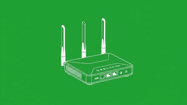 Wireless wi-fi router animation with signal waves on green screen for easy chroma key compositing