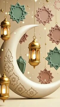 Decorated white crescent moon with floral patterns, glowing golden lanterns & hanging pastel eight‑pointed stars&mdash;soft elegant Islamic festive decor, warm gentle glowing accents.