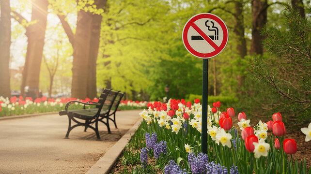 No smoking sign in a public park with a wooden bench and colorful spring flowers including tulips and daffodils under warm sunlight rays