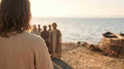 Fototapeta premium Jesus looking at a group of disciples on the beach with copy space right