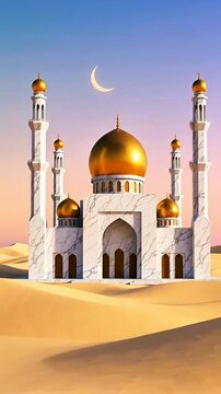 Modern elegant building with polished marble walls and gleaming golden dome, surrounded by lush rounded green trees, clear blue water, soft‑pastel sky&mdash;calm luxurious Islamic design.