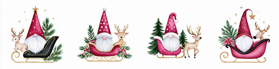 Fototapeta premium Christmas gnome with reindeer and sleigh in watercolor style, festive holiday decoration with pine branches and stars