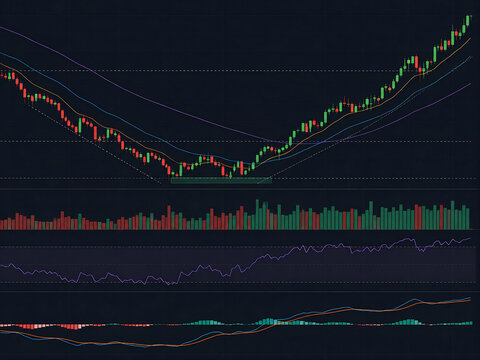 Financial chart showing market correction and strong recovery pattern with color transition from red to green, professional technical analysis demonstrating market resilience