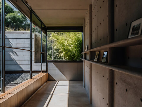 Architectural interior photograph featuring a concrete corridor with large windows overlooking lush greenery architecture interiors