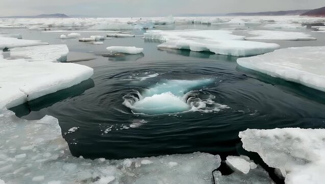 Dramatic winter b-roll in 4K resolution showing freezing arctic water swirling intensely in a whirlpool pattern while jagged chunks of thick ice solidify around the edges