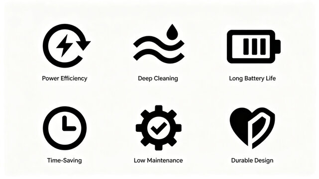 Simplified home appliance advantage vector icon, energy-saving, durable, and low maintenance selling point, suitable for the product parameter introduction section of floor scrubbers.

