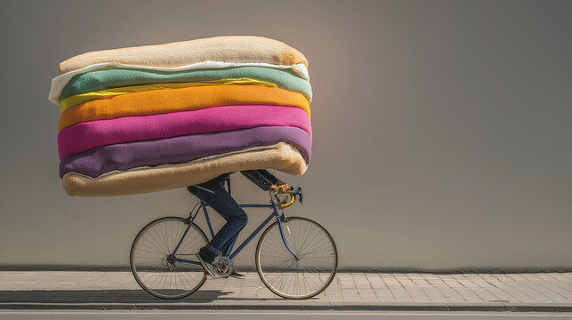 Person riding bike with giant colorful sandwich