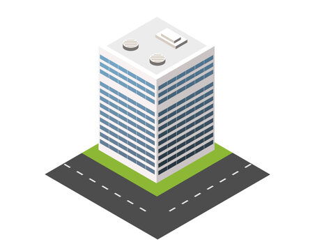 Isometric modern building with city street section