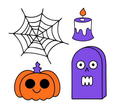 Halloween cartoon elements with pumpkin, candle, spider web, tombstone