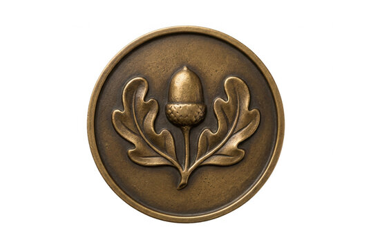 Okrągły medalion z brązu z wytłoczonym wzorem żołędzia i liści dębu na środku, elegancki metalowy element dekoracyjny na białym tle, symbol natury i trwałości.
