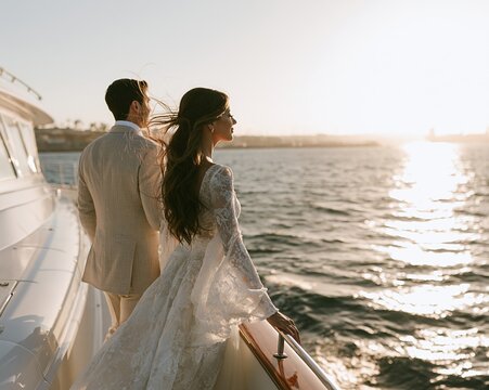 Bride and groom standing on yacht deck at sunset overlooking shimmering sea with warm backlight and romantic mood, with bride, groom, yacht, deck detail, showing sunset, goldenhour, sea, ocean context