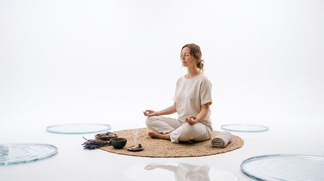 Woman meditating in lotus pose with incense and lavender for wellness and relaxation