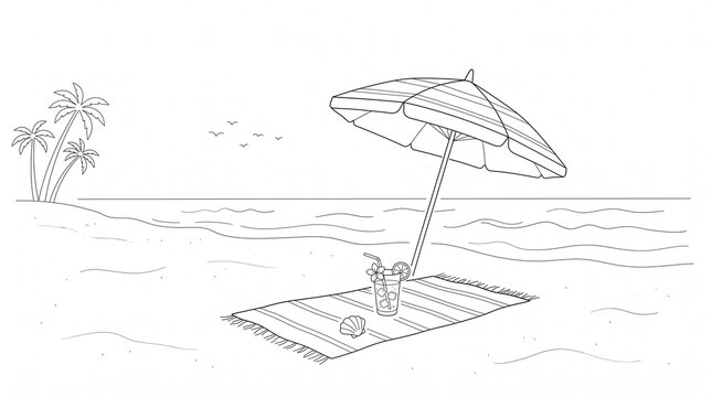 Beach scene with umbrella drink and palm trees line drawing