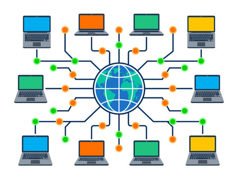 Flat vector illustration of a globe connected to nodes and devices, representing network setup, global communication, and internet infrastructure services.